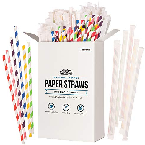 Lot de 150 pailles jetables en papier biodégradables sans plastique pour fêtes, anniversaires, mariages, décorations de bricolage, 6 couleurs vives, respectueuses l'environnement