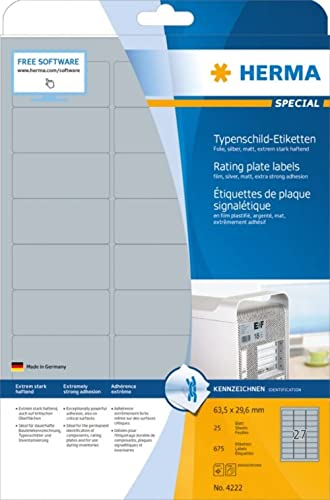 HERMA Etikett, Laser/Kopierer, auf A4-Bogen, selbstklebend, Polyesterfolie, 63,5 x 29,6 mm, silber, matt (675 Stück), Sie erhalten 1 Packung á 675 Stück