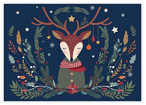 Kartenkaufrausch Nostalgie Weihnachtskarte grün mit Hirsch und Tannen ohne Text • Design Weihnachts Glückwunsch Grußkarte mit Umschlag zu Neujahr, Silvester für Familie und Firma