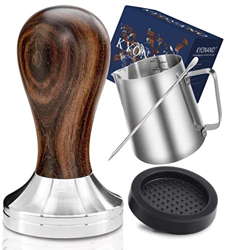 KYONANO Kaffee Tamper 51mm inkl Tampermatte & 350ml Milchkännchen - Espresso Tamper Set - Kaffeemehlpresser aus Edelstahl mit Chacate Pretoholz Griff - Kaffee Tamper Set für Cafes & Kaffeeliebhaber