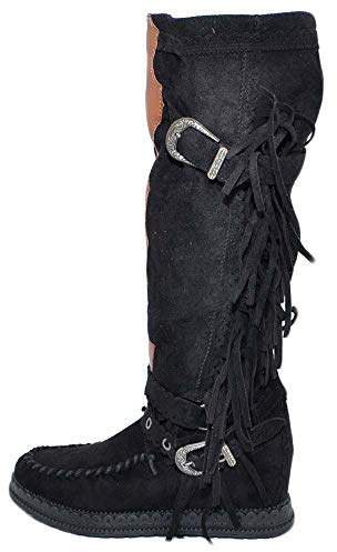 Stivali Donna Indianini Neri Scamosciati con Frange Zeppa Interna 5 cm Cinturino Fibbia Altezza Ginocchio Moda Ibiza (38 EU)
