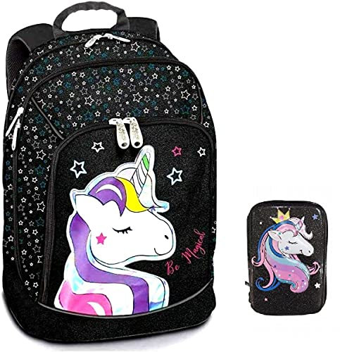 Runder Schulrucksack Pool Over Einhorn Schwarz Glitzer + komplettes Federmäppchen One Time + gratis Schlüsselanhänger mit Pailletten