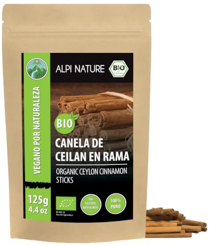 Alpi Nature Ceylon Zimtstangen BIO 125g, ca. 14-16 Zimt Stangen pro Beutel | Ceylon Zimtstangen ganz 80mm aus Sri Lanka, ideal für Zimtschnecken, Apfelkuchen, Eintöpfe, Currys & Glühwein