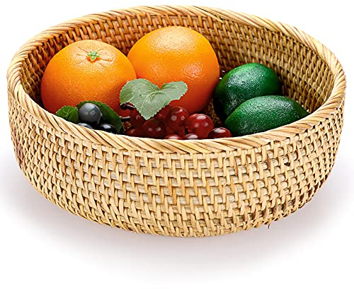 IGNPION Round Rattan Woven Fruit Basket Bread Serving Baskets Snack Storage Bowls Table Desktop Countertop Decorative Display Storage Baskets