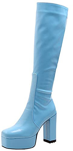CUTEHEELS Stivali casual plateau alti al ginocchio con tacco grosso e punta quadrata per donna alla moda, Azzurro, 38 EU