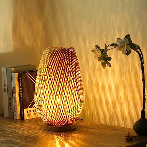 GUANSHAN Tischlampe aus Bambusgewebe, Bambus-Lampenschirm, Tischbeleuchtung, dekorative Tischbeleuchtung, Nachtlicht für Schlafzimmer, Wohnzimmer, Druckknopfschalter, Stil 2