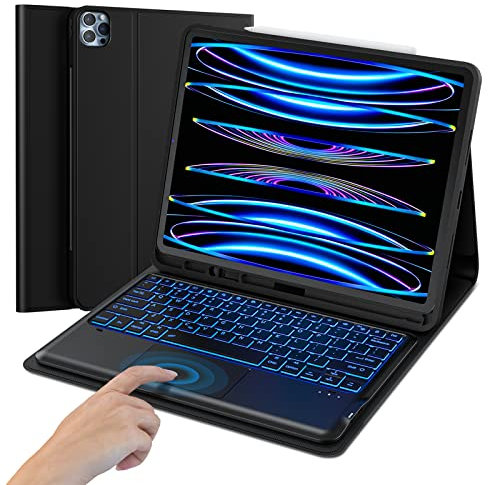 MicroPack Custodia per iPad Pro 12.9 con tastiera - (sesta generazione 2022) tastiera con trackpad retroilluminazione a 7 colori, tastiera wireless staccabile compatibile con iPad Pro 12.9 di quinta
