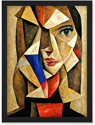 Doppelganger33 LTD Painting Cubism Style Portrait Of Young Woman Beige And Brown Artwork Framed Wall Art Print A4
