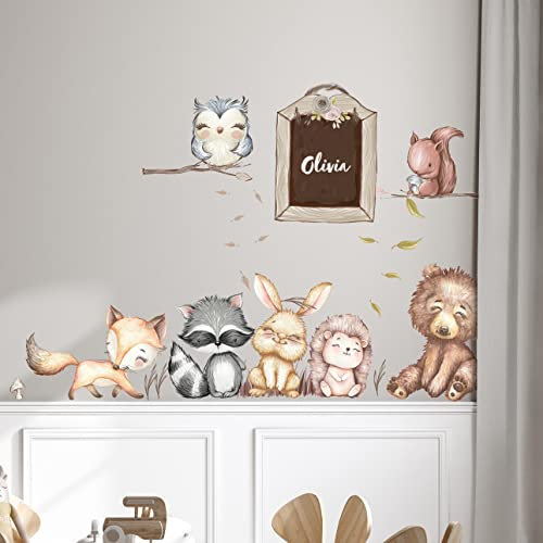 WANDKIND Waldtiere mit Wunschname V366 Wandtattoo | handgezeichnet | AUFKLEBER Kindergarten | Wandsticker Kinderzimmer Tiere aus dem Wald (130 x 130 cm)