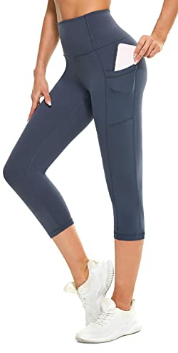 Flatik Sport Leggings Damen 3/4 Damen Sporthose，Damen Blickdicht Laufhose，yogahose Sporthose Leggings Fitnesshose Laufende Leggings XL, Grau Blau
