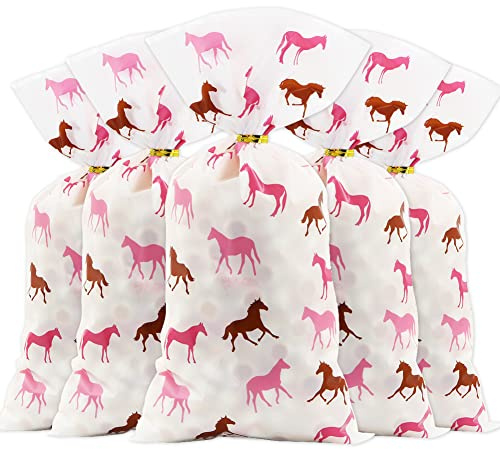Zellophantüten mit Pferd, Pink/Braun, Pony, Pferderennen auf rosa Süßigkeitenbeutel mit Bindebändern für Cowboy, Cowgirl, Western-Motto-Party, Kentucky Derby, Geburtstag, Hochzeit, Zubehör, 100