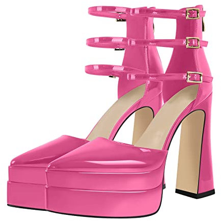 Only maker Chunky Platform Heels for Women Block High Heels Ankle Strap Sandals with Zippers Sexy Back Zip Up Closed Pointed Toe Pumps Adjustable Buckles Mary Jane Gladiator Peach Size 11