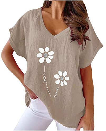 2023 Camiseta Manga Corta Mujer, Verano Algodón y Lino Moda Impresión Blusa Camisa Cuello en V Basica Camiseta Elegant Suelto Tops Casual Fiesta Cómodo T-Shirt Original tee Playa