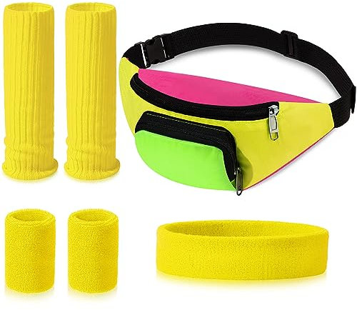 Xuniea 6 Stück 80er 90er Jahre Workout Kostüme Set 80er Jahre Bauchtasche Neon Beinwärmer Stirnband Armbänder für Damen Herren 1990er 1980er Jahre Thema Disco Neon Party Halloween Kostüme (Gelb)