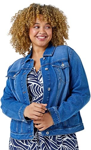 Roman Originals Jean Denim Jacket for Women UK - Ladies 100% Cotton Summer Casual Stretch Crop Smart Utility Trucker Biker Fitted Vintage Wash Faded Classic Jeans Work - Blue Plus - Size 26