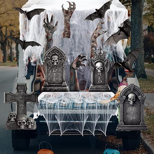 Liliful 14 Stück Kofferraum oder Leckerli Halloween Auto Dekoration Kofferraum oder Leckerli Torbogen Garage Dekoration Halloween mit Grabstein getrennten Händen Fledermaus und Spinnennetz für den