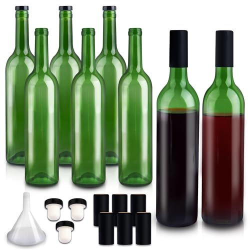 GUANENA 8 Pack 750ml Glass Wine Bottles, 25oz Green With Cork Lids and PVC Shrink Capsules, Empty Home Brewing Bottles With Funnel for Making, Limoncello, Mead, Liquor