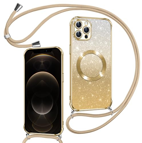 Phoona Handyband Hülle für iPhone 12 Pro Max mit Band [kompatibel mit MagSafe], Luxuriöse Glitzer Beschichtung Magnetische Handyhülle für iPhone 12 Pro Max Silikon Stoßfest Schutzhülle, Gold