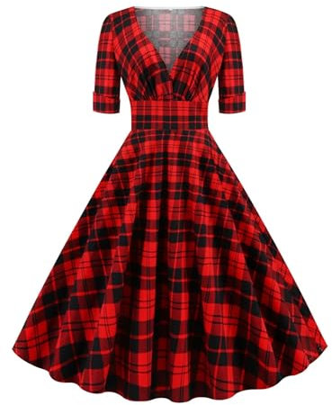 SOYNIA Hübsche Kleid Kleider Dress Damen Plaid Hohe Taille Tartan Vintage Halbe Ärmel Kleid Frauen V-Ausschnitt Elegante Party Rockabilly Baumwoll Kleider L Red Black