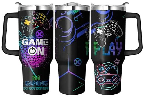 40 Oz Gamer Tumbler with Handle and Straw, Double Wall Coffee Travel Gaming Mug Leak Proof, Stainless Steel Gamer Cup with Handle and Straw, Reusable Insulated Water Bottle 40 Oz Gifts for Boyfriend