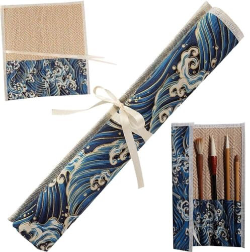 Brush Pencil Roller Calligraphy Brush Case Japanese Waves Artist Paint Brush Roll Bag Portable Painting Drawing Brush Storage Bag