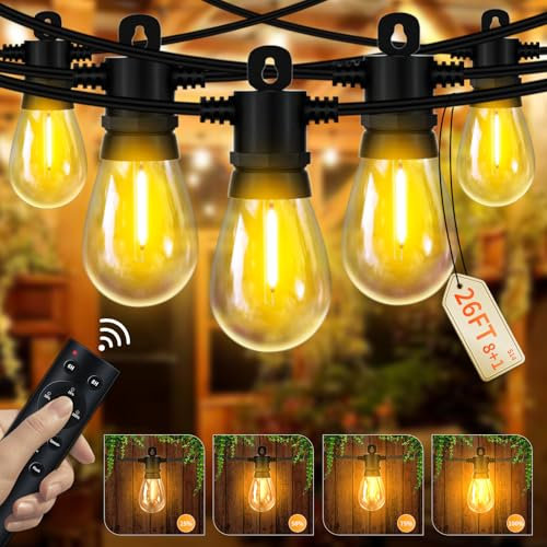 Pogestrand Festoon Lights Outdoor DC24V Remote Controlled, 7.8M/26FT Outdoor Lights Mains Powered with 8+1 Shatterproof S14 Led Bulbs, Waterproof Outside Light for Patio, Garden, Party, Warm White