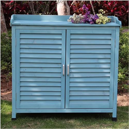 Gartenschrank aus Holz für den Außenbereich, sonnenfestes und wasserdichtes Schuhregal für Garten, Balkon, Gang, geräumiger und langlebiger Werkzeugaufbewahrungsschrank (Farbe: Blau)