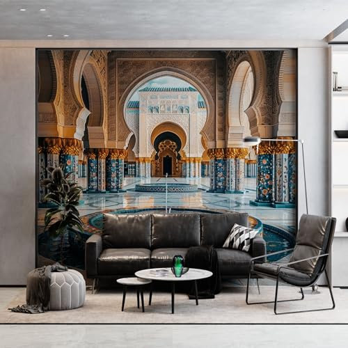 3D Photo Murale Style Marocain Thaïlandais Papier Peint Personnalisé pour Salon et Chambre Bleu Jaune Murales Fresque Home Decor 350 x 256 cm (WxH) Peinture Murale