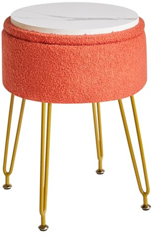 IBUYKE Teddy Velvet Storage Footrest Stool Ottoman, Makeup Vanity Stool Side Table with Removable Cover, Golden Steel Legs, Coffee Table Top Cover, Orange WBD010J