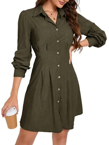 KOJOOIN Blusenkleid Damen Langarm Corduroy Hemdkleid A-Linien Tunika Kleid Minilänge Cordkleid mit Tasche und Knopfleiste Dunkelgrün L