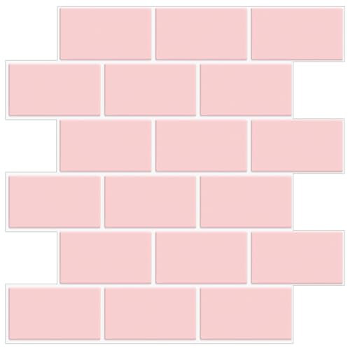 WoStick 10-Sheets 3D Stick on Tiles, Thicker Peel and Stick Subway Tile, Pink Self Adhesive Wall Tiles Tile Sticker, Metro Splashback for Kitchen and Bathroom(30.5x30.5cm)