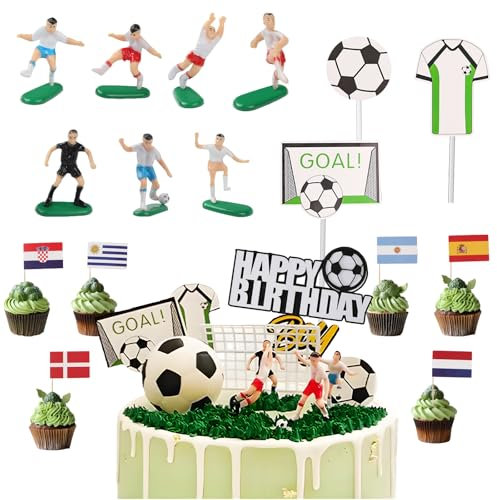 28Stks Fußball Tortendeko Set, Thema Sport Fussball Cupcake Deko, Happy Birthday Fußball Figuren Tortenaufleger, Jungen Fussball Kuchen Deko mit 2 Armbändern für Kinder Party Geburtstag