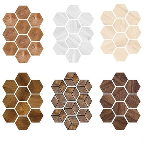 Gettimore 10 adesivi esagonali impermeabili per piastrelle, in PVC, con venature del legno, decorazione fai da te per cucina e bagno, 10 pezzi (C)