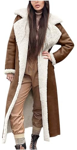 Zeiayuas Winter Coats for Women Faux Suede Shearling Lapel Coat Thermal Sherpa Fleece Lined Long Peacoats Sheepskin Buckle Jackets Warm Plush Overcoat Moto Bomber Jacket Leather Coat Outerwear Brown