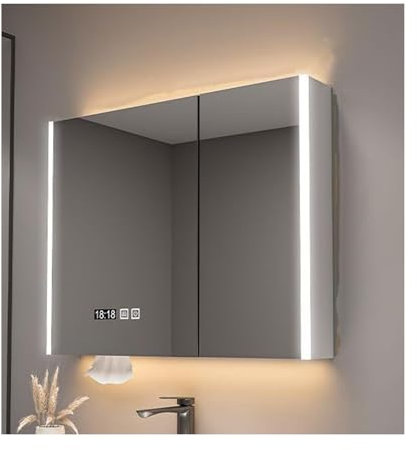 HUFIREHU Armoire Murale Salle De Bain Armoire Toilette Miroir avec 3 éTagèRes RéGlables Armoire Murale avec 3 Portes Meuble Salle De Bain Salon Toilette Miroir avec éClairage LED(White,80cm/31.5in)