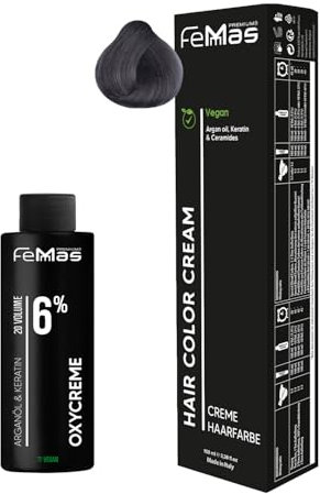 Femmas Haarfarbe Set Asch I Hair Color Cream 100ml + Oxycreme 100ml 6% I Permanente Haar-Coloration + Entwickler I Schonend & langanhaltend I Salon-Haarfarbe für Zuhause