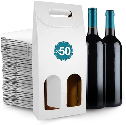 50 scatole di cartone bianco vuote, per 2 bottiglie di vino, 18 x 9 x 40 cm, confezione per bottiglie di vino per regali: Natale, Pasqua, compleanno, matrimonio | cantine di vino