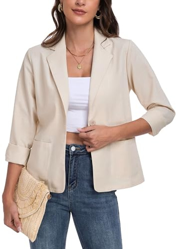 YOUNIFIZ Women's Linen Blazers Casual Long Sleeve Lightweight Lapel Button Front Work Office Jackets Blazer with Pockets