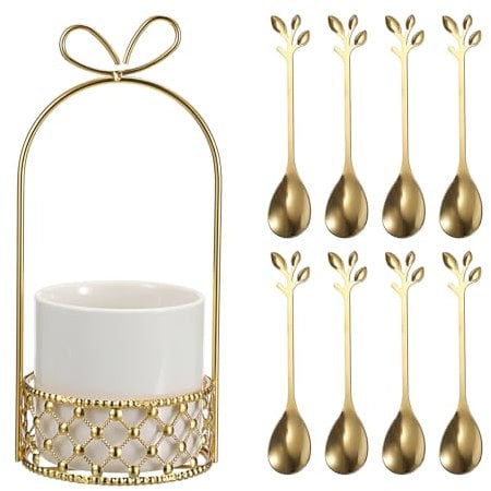 SUMTree 8PCS Coffee Spoons Set with Glass Holder, Small Stainless Steel Gold Tea Spoons, Mini Dessert Spoon Set for Fruit,Stirring, Mixing, Sugar, Ice Cream, Cake
