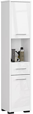 AKORD Badezimmer-Hochschrank schränke | Badezimmer kommode | B30 x H140 x T30 cm, Gewicht 25 kg | 2 Ablagen mit Türen | 1 Schublade, 1 Fach | als Hängeschrank | Weiß & Weißglanz Front