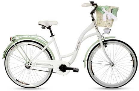Goetze Style 26 Zoll Damen Citybike, Tiefeinsteiger, 1-Gang, Rücktrittbremse, LED-Beleuchtung, Gepäckträger, Komfortsattel, Schutzbleche, Rattankorb mit Stoffeinsatz, Hollandrad für Stadt & Einkauf!