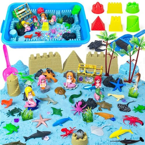 Kinetic Sand Set für Jungen Mädchen: Kinetischer Sand Aktivitäten für Kleinkinder - Magic Sand Sensorisch Sandspielzeug Spielsand für Jungen Mädchen Alter 3 4 5 6 7+ Jahre Alt (Sea World)