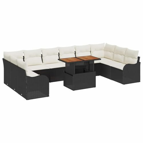 vidaXL Garten-Sofa-Set 11 pcs Schwarz und Creme 100 x 55 x 73 cm, Garten und Terrasse, modernes Outdoor-Sofaset, Rattan-Möbel, UV-beständig, abnehmbare Kissen, Lounge für den Garten