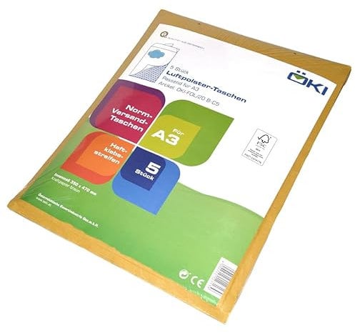 ÖKI Luftpolstertaschen - Luftpolsterumschläge inkl. Haftklebestreifen, 5 Stück, A3 Luftpolster-Taschen, Gepolsterte Briefumschläge,Versandtaschen, Braun