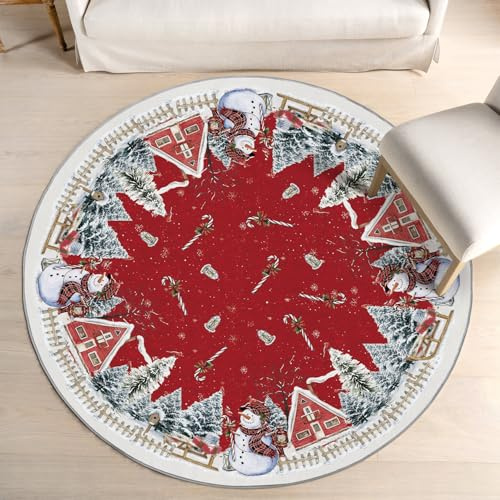 Artoid Mode Rot Haus Zaun Bäume Schnee Schneemann Weihnachten Teppich, Rund 120 cm Kuscheliger Anti-Rutsch Unterseite Küche Wohnzimmer Dekoration