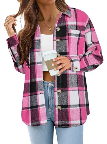 Zeagoo Camicia da donna a quadretti, camicetta a maniche lunghe con bottoni, camicetta in flanella con tasca, camicetta casual scozzese per autunno inverno camicia occidentale S-XXL, Rosa, L