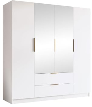 Mirjan24 Kleiderschrank mit Spiegel Sozor II 200, Schrank, Garderobe, Organizer, 4-türig, 2 Schubladen für mehr Stauraum, Aluminiumgriffe, gedämpftem Schließsystem (Weiß + Gold)