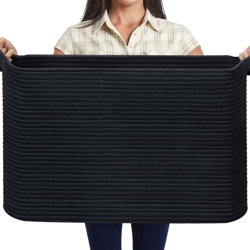 MOLMO Large Woven Storage Basket, 85L Laundry Hamper Black | Sturdy Cotton Rope Basket Holds Laundry, Toys, Blankets, Versatile for Any Room-Bedroom, Living Room, Kids' Room, Nursery