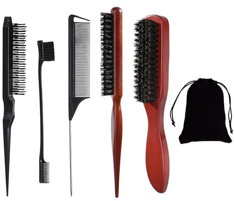 Wildschweinborsten Bürste, 5 Stück Edges Brush, Sleek Bun Bürste | Teasing Hair Brush, Toupierbürste Rattenschwanzkamm mit Aufbewahrungstasche für Haar und Bart Styling