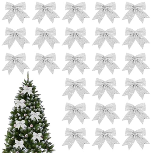 24 Piezas Lazos Arbol Navidad, Arcos Navideños, Adornos para Árbol de Navidad, Lazos Navideños Elegantes para Árbol, Puerta, Corona, Decoración de Bodas (Plata)